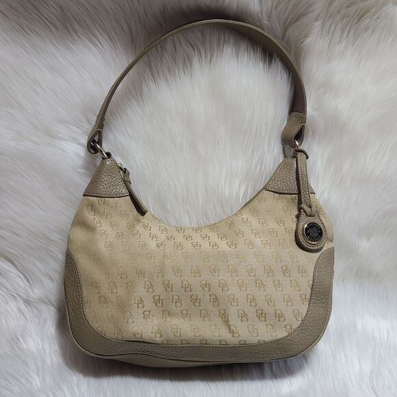 Vintage Dooney & Bourke Monogram Canvas Leather Hobo Shoulder Bag - Picture 1 of 12
